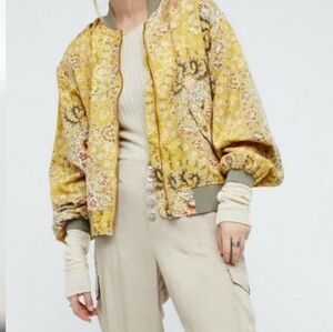 Free People Floral Print Yellow Bomber Jacket